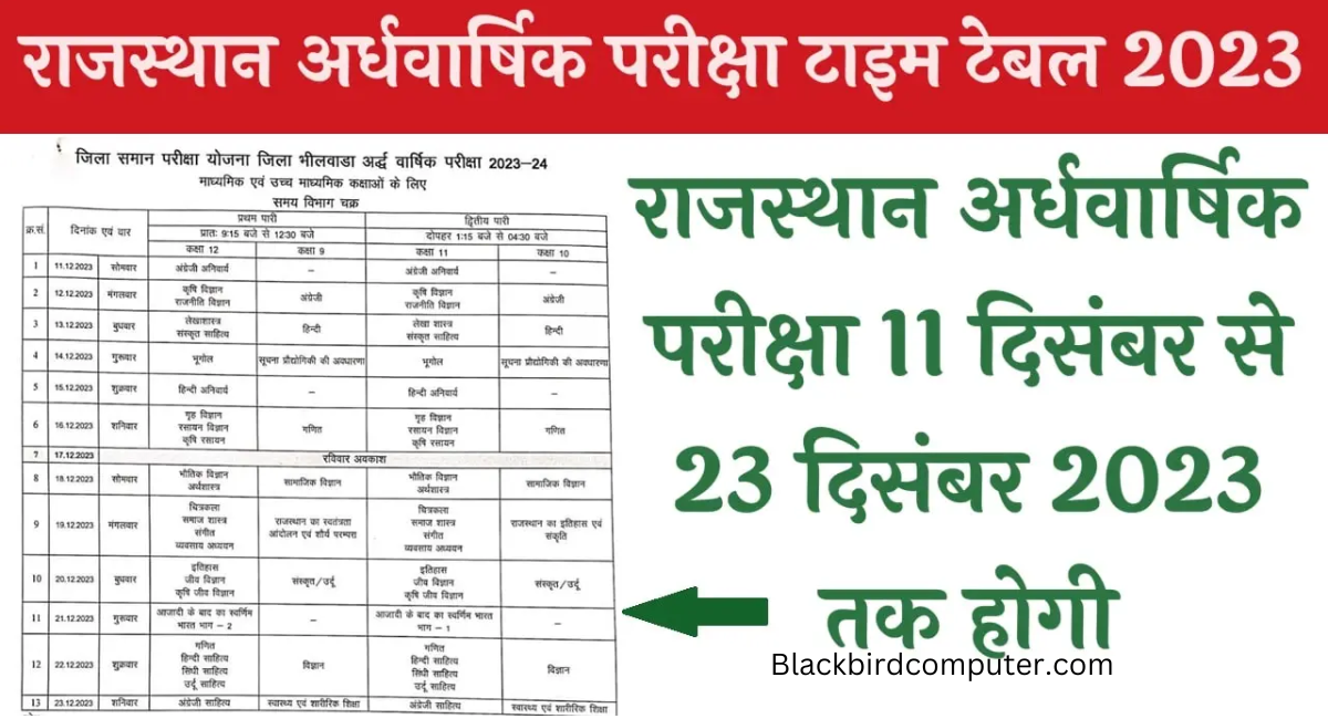 Rajasthan Half Yearly Time Table 2023 rbseexam.com